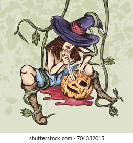 Vector illustration girl witch cuts a pumpkin pumpkin into halloween