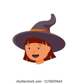Vector illustration of a girl in a witch hat isolated on white background. Halloween design element.
