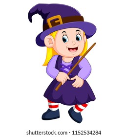 vector illustration of girl witch with a magic wand