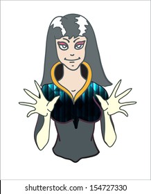 Vector illustration of a girl witch with open hands doing hypnotic magic on white background