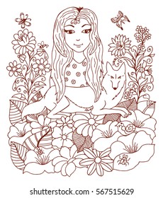 Vector illustration girl with a wolf surrounded by flowers. Work made by hand. Book Coloring anti-stress for adults and children.Brown and white.