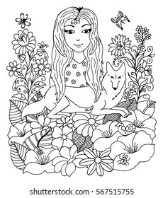 Vector illustration girl with a wolf surrounded by flowers. Work made by hand. Book Coloring anti-stress for adults and children. Black and white.