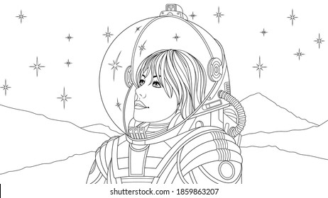 Vector illustration, girl woman in astronaut costume, coloring book