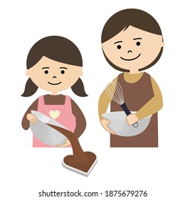 Vector illustration of girl and woman cooking together.
