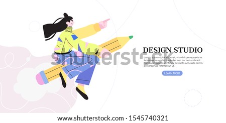 Vector illustration of girl or woman flying on a pencil. Creative process banner, flyer, ad, landing page or poster for web design studio or startup. Generating ideas or leap of imagination concept.