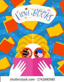 Vector illustration of girl or woman in glasses reading book. Drawing for fashion poster in pop art style