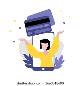 Vector illustration of girl or woman with hands up with credit plastic card on screen of smartphone. Sale, online shopping, shopping app, consumer, discount offer concept. 