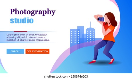 Vector illustration of a girl or woman photographer. Banner or web page design for photography studio or courses.