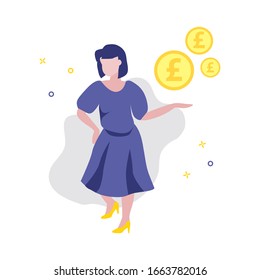 Vector illustration of girl or woman showing pound coins. Sale, online shopping, shopping app, consumer concept. Investor or save money concept
