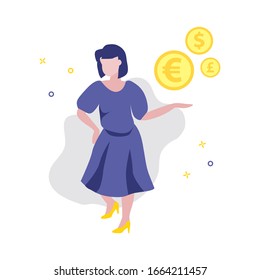Vector illustration of girl or woman showing euro coins. Sale, online shopping, shopping app, consumer concept. Investor or save money concept