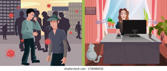 Vector illustration of girl work from home and danger outside 
