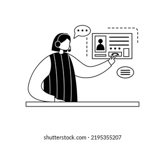 Vector illustration of a girl working in a call center wearing headphones with a microphone. Outline