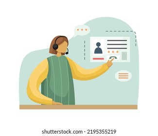 Vector illustration of a girl working in a call center wearing headphones with a microphone. Flat style