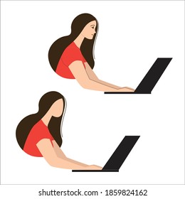 Vector illustration of a girl working at a computer with her hair down.
