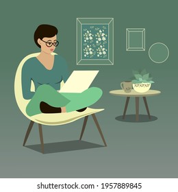 Vector illustration of a girl working at the computer at home in gray-turquoise color. Distant work.