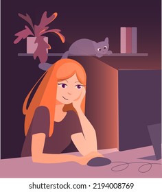 
vector illustration with a girl working at a computer at night at home