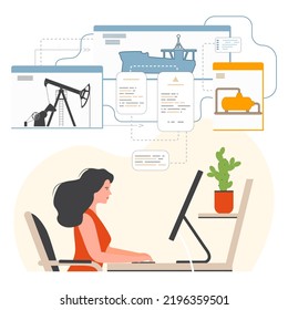 Vector illustration Girl working at computer. Global Logistics service. Transportation of oil, gas. Delivery, cargo transportation. Ordering freight services. Export Import Warehouse business Shipping