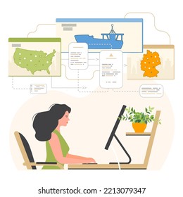 Vector illustration Girl working at computer. Global Logistics service. Transportation of oil, gas. Delivery, cargo transportation. Ordering freight services. Export Import Warehouse business Shipping