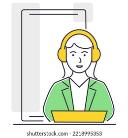 Vektorgrafik eines Mädchens, das an einem Computer arbeitet. Betreiber, Callcenter.