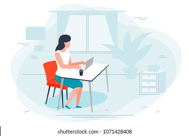 Vector illustration - girl working at home, office. Window, plant, pictures on background. Banner, poster template with place for your text.