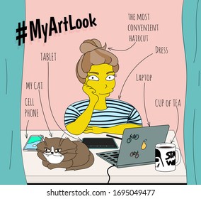 Vector illustration of a girl working from home during isolation with a laptop, cell phone, cat, cup of tea, table. Simpsons style, home office and freelance, freelancer