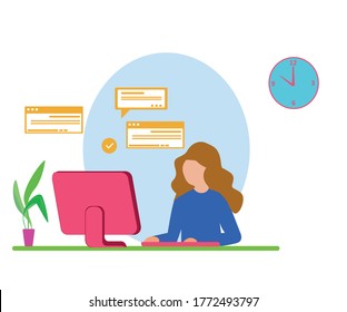 vector illustration of a girl working at home using a computer