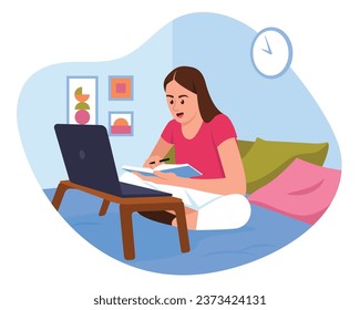 Vector illustration with a girl working at home. Cartoon scene with a girl sitting in a room on a bed with a clock, posters on the wall, a notebook and a laptop on a white background.Learning online.