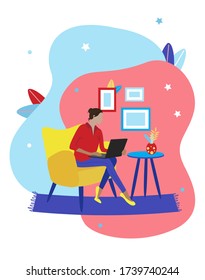Ilustración vectorial de una niña que trabaja en una laptop en casa. Fuera de la oficina. Trabajando desde casa. Hogar. Desarrollador web. diseñador web