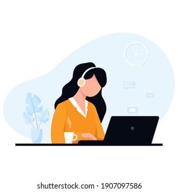 Vector illustration of a girl working on a laptop. Freelance.