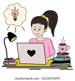 Vector illustration of a girl working on a laptop, surrounded by books, coffee, and a glowing light bulb. Perfect for themes of learning, creativity, and freelance.