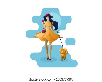 Vector illustration Girl in a yellow dress and with a pink hat check her phone and walks a little dog on a blue background