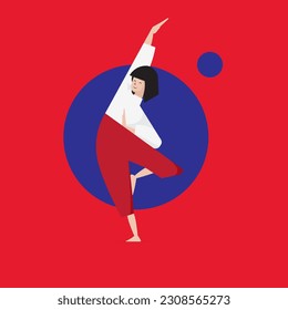 vector illustration of a girl in yoga pose on a red background with a blue circle. meditation