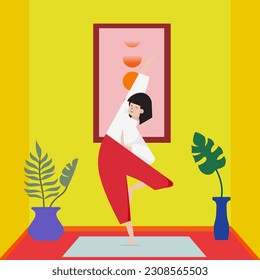 vector illustration. girl in a yoga pose is engaged in meditation at home against the background of yellow walls next to the flowers and the picture of the moon