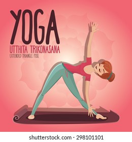 Vector Illustration of Girl in yoga pose Utthita Trikonasana pink