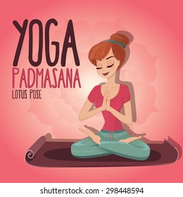 Vector Illustration of Girl in yoga pose Padmasana pink background