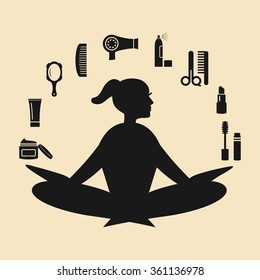 vector illustration / girl yoga posture / beauty salon tools