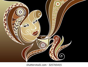 Vector illustration of a girl. Young woman holding a cup of tea or coffee.