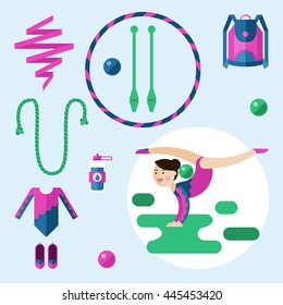 Vector illustration. Girl-gymnast. Items for rhythmic gymnastics.