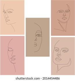 Vector illustration of girlish faces. Girls of different nationalities drawn with one line.