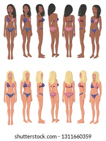 Vector Illustration of Girls in American Flag Swimming Suit on a White Background. Cartoon Girls Set. Flat Young Lady. Front View Woman. Side View Woman. Back Side View Woman. Seven Positions