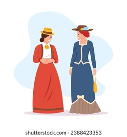 Vector illustration of girls from the ancient era. Cartoon scene with girls talking, dressed in vintage clothes, fashionable hats with accessories: handbag, brooches. Style from the 19th century.