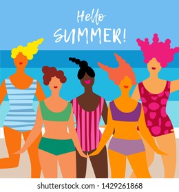 Vector illustration with girls in the beach. Summer. Can be used for wallpaper, textile, invitation card, wrapping, web page background.