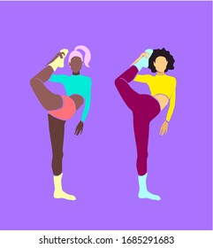 Vector illustration with girls in a beautiful dance pose with purple background