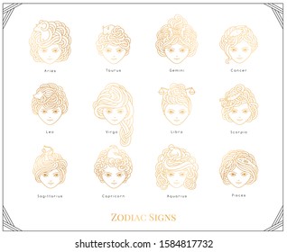 Vector illustration of girls with beautiful hair. Zodiac sign, prediction, future, astrology. Fortune telling and magic in the universe.