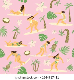 Vector illustration of girls bikini on surboard. Tropicals. Seamless pattern design