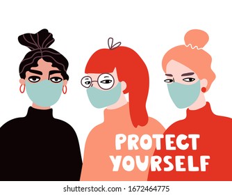 Vector illustration with girls in blue medical masks and lettering text protect yourself. Concept of coronavirus 2019-nCoV quarantine. Isolated on white background. Healthcare and medicine concept