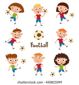 Vector Illustration Of Girls And Boys In Shirt And Short Playing Football. Set Of Cute Cartoon Kids Kicking Soccer Ball Isolated On White. Pretty Football Players. Collection Of Happy Children.