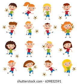 Vector Illustration Of Girls And Boys In Shirt And Short Playing Football. Set Of Cute Cartoon Kids Kicking Soccer Ball Isolated On White Background. Collection Of Happy Pretty Football Players.