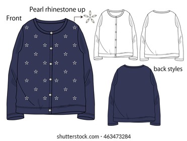 Vector illustration of Girls cardigan. Front and back views.