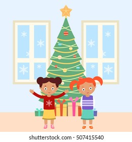 Vector illustration of girls and decorated Christmas tree. New Year and Christmas celebration topic.